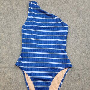 Madewell Swimsuit Womens Small One Shoulder One Piece Blue White Striped Ribbed
